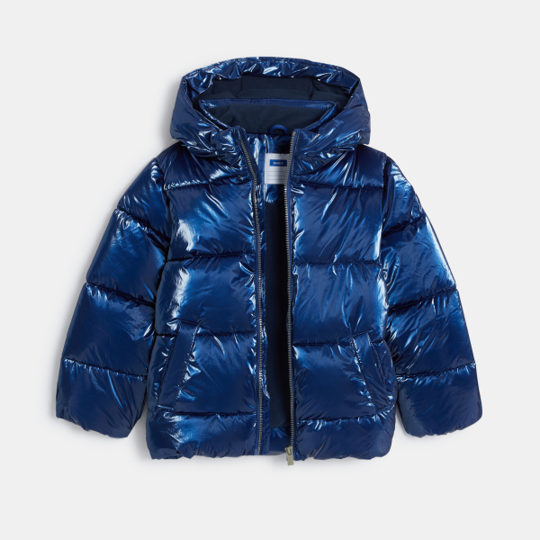 سترة منفوخة مبطنة للتدفئة ذات تأثير معدني باللون الأزرق للفتيات